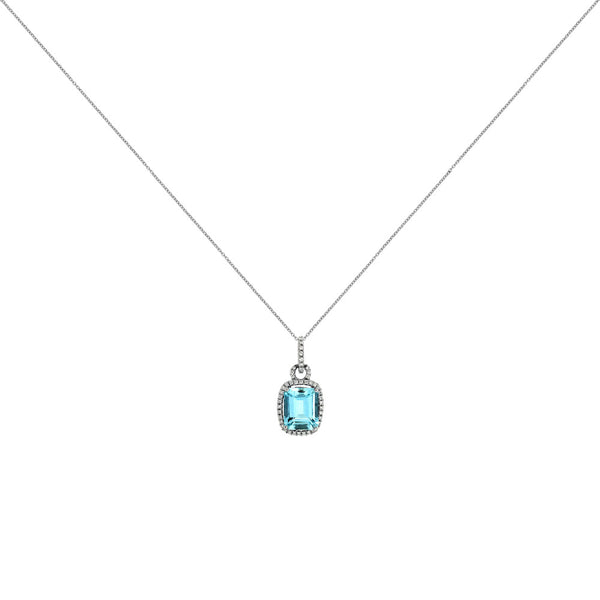 14 Karat White Gold Halo Necklace With A Aquamarine & Diamonds