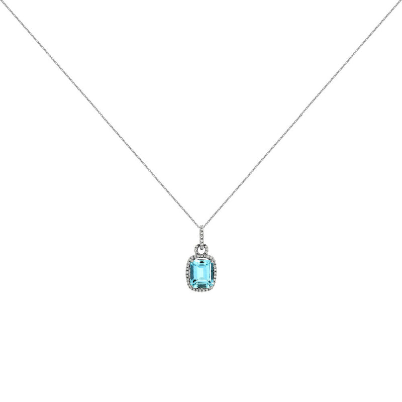 14 Karat White Gold Halo Necklace With A Aquamarine & Diamonds