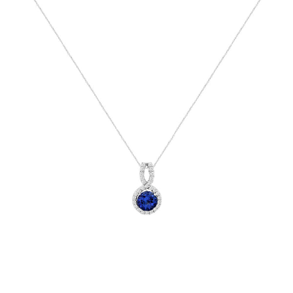 14 Karat White Gold Halo Necklace With A Tanzanite & Diamond