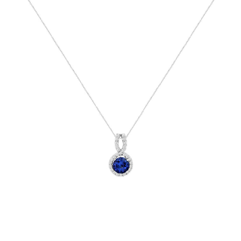 14 Karat White Gold Halo Necklace With A Tanzanite & Diamond