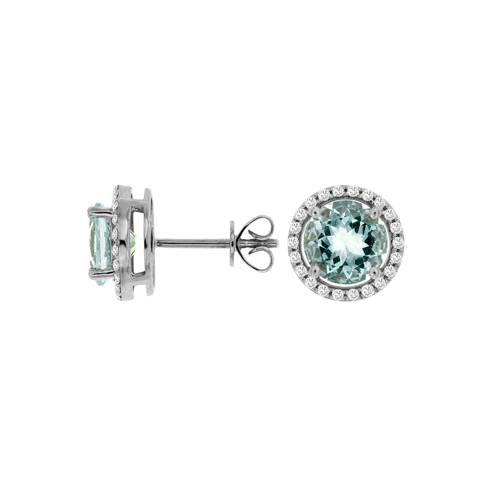 14 Karat White Gold Halo Earring With Aquamarines & Diamonds