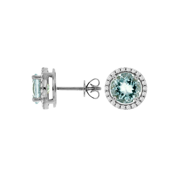 14 Karat White Gold Halo Earring With Aquamarines & Diamonds