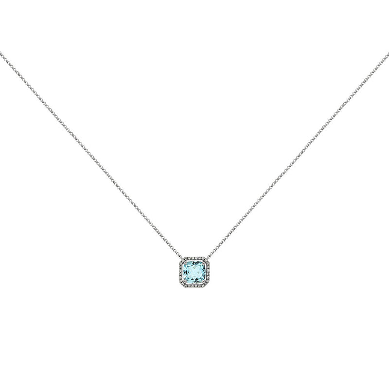 14 Karat White Gold Halo Necklace With A Aquamarine & Diamonds