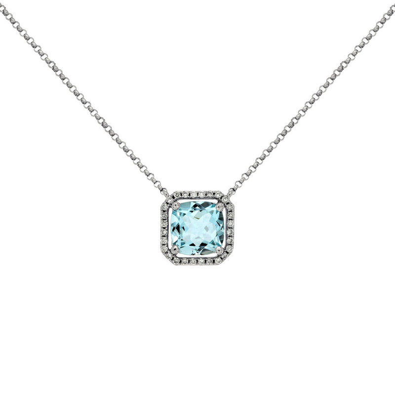 14 Karat White Gold Halo Necklace With A Aquamarine & Diamonds