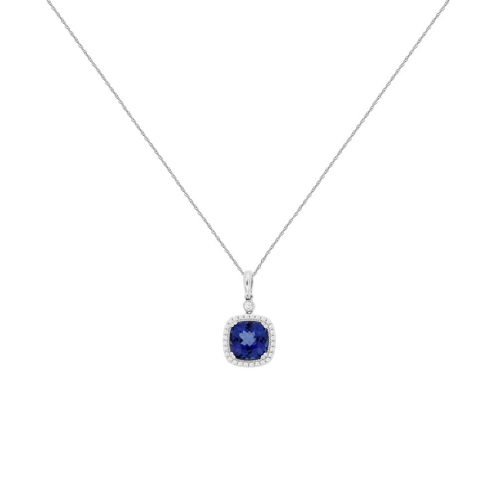 14 Karat White Gold Halo Necklace With A Tanzanite & Diamonds