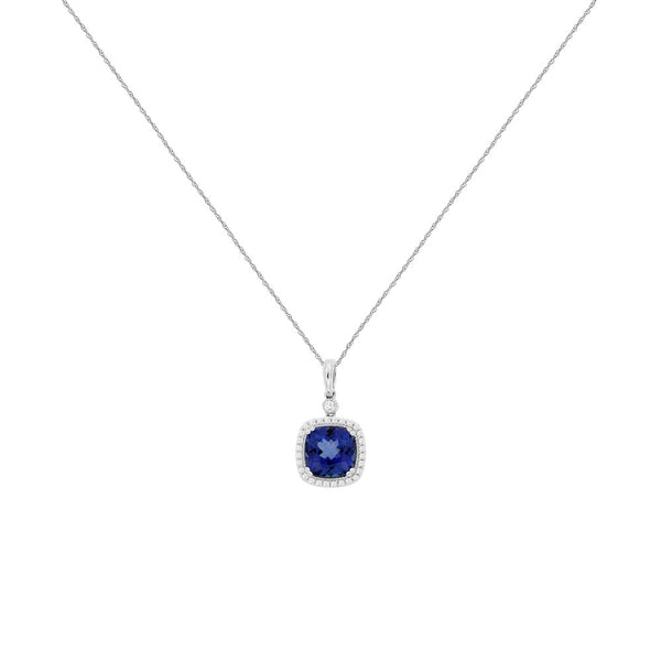 14 Karat White Gold Halo Necklace With A Tanzanite & Diamonds