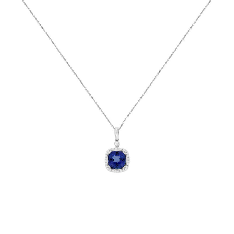14 Karat White Gold Halo Necklace With A Tanzanite & Diamonds