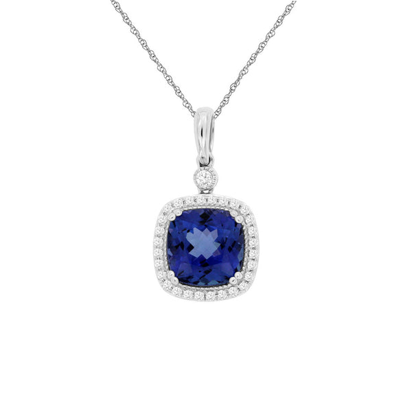 14 Karat White Gold Halo Necklace With A Tanzanite & Diamonds