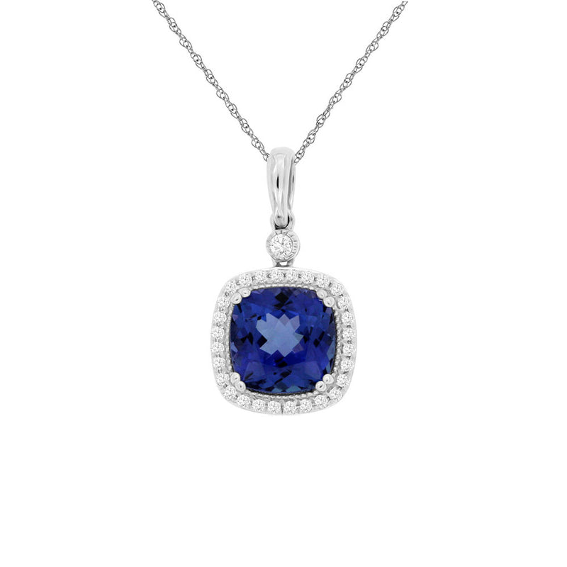 14 Karat White Gold Halo Necklace With A Tanzanite & Diamonds