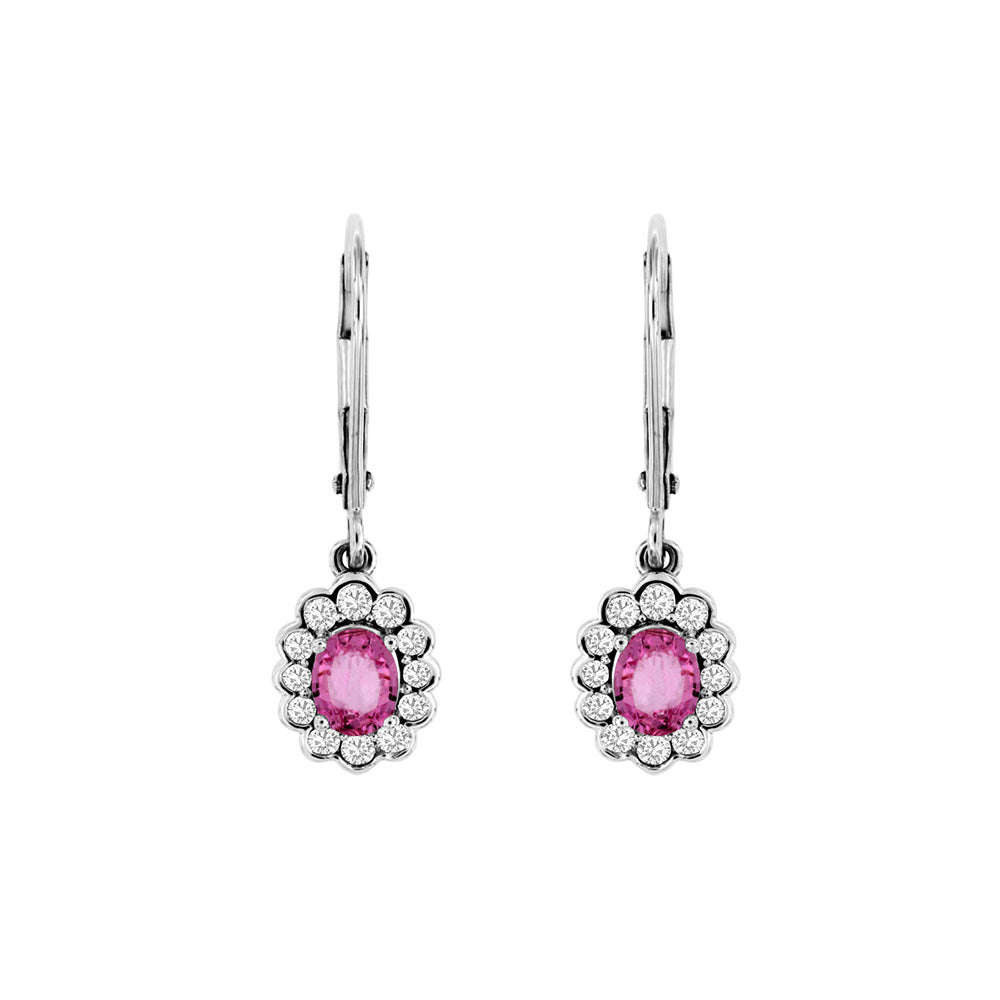 14 Karat White Gold Halo Drop Earrings With Pink Sapphires & Diamonds