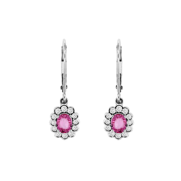 14 Karat White Gold Halo Drop Earrings With Pink Sapphires & Diamonds