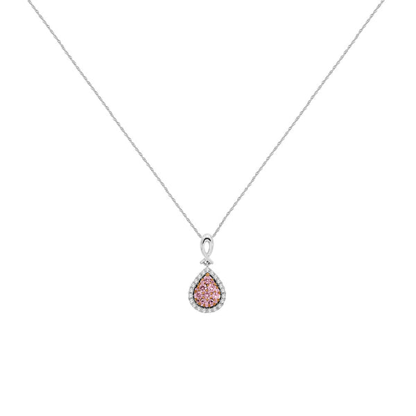 14 Karat Two Tone Pear Shaped Halo Necklace With Pink & White Diamonds