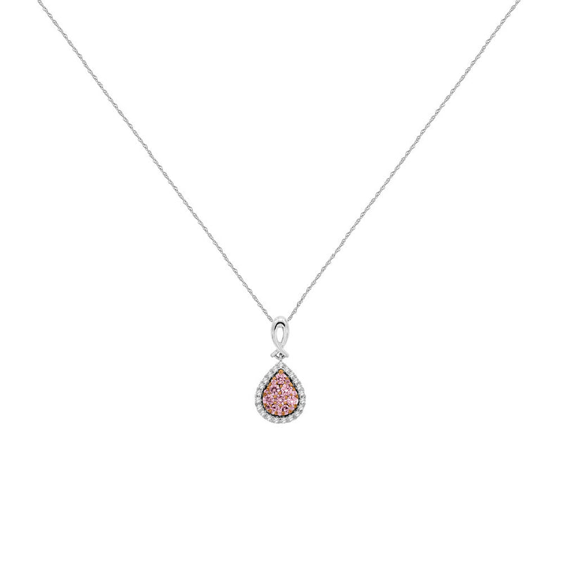 14 Karat Two Tone Pear Shaped Halo Necklace With Pink & White Diamonds