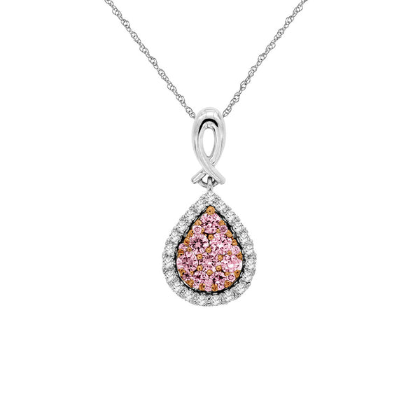 14 Karat Two Tone Pear Shaped Halo Necklace With Pink & White Diamonds