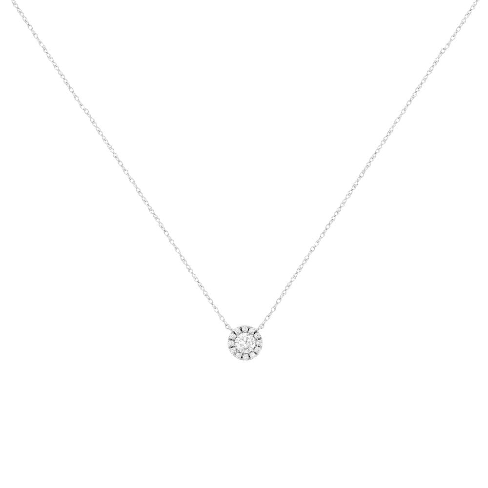 14 Karat White Gold Halo Necklace With Diamonds