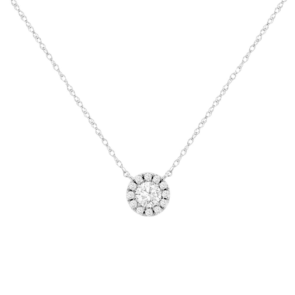 14 Karat White Gold Halo Necklace With Diamonds