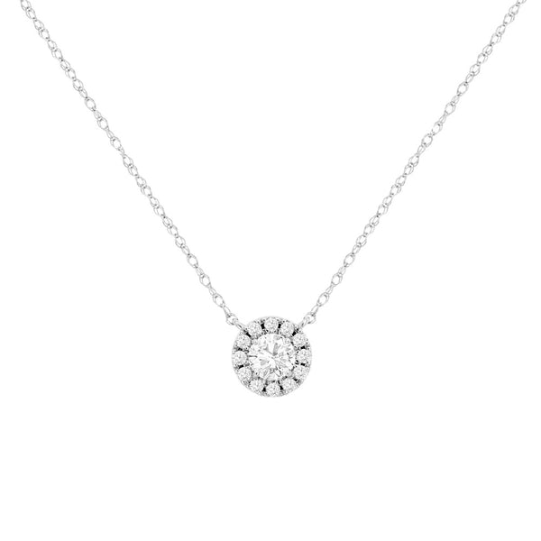 14 Karat White Gold Halo Necklace With Diamonds