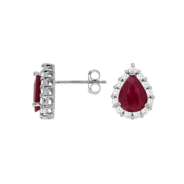 14 Karat White Gold Halo Earrings With Rubies & Diamonds