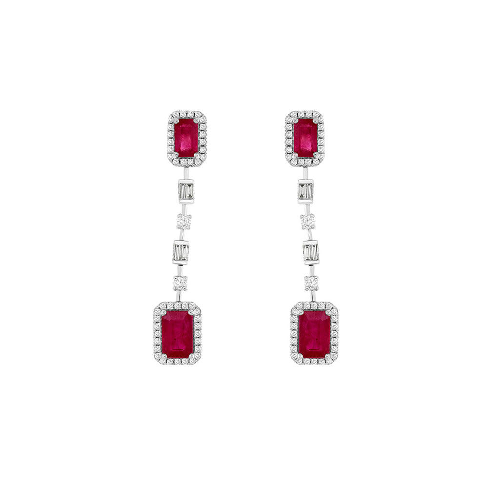 14 Karat White Gold Drop Earrings With Rubies & Diamonds