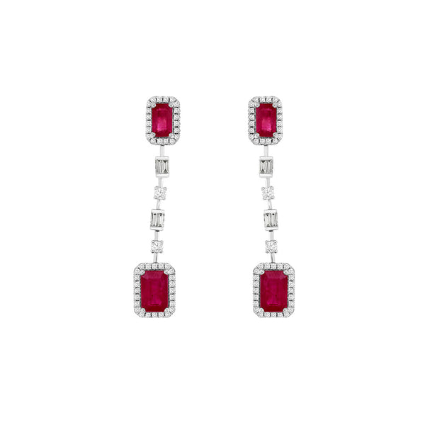 14 Karat White Gold Drop Earrings With Rubies & Diamonds