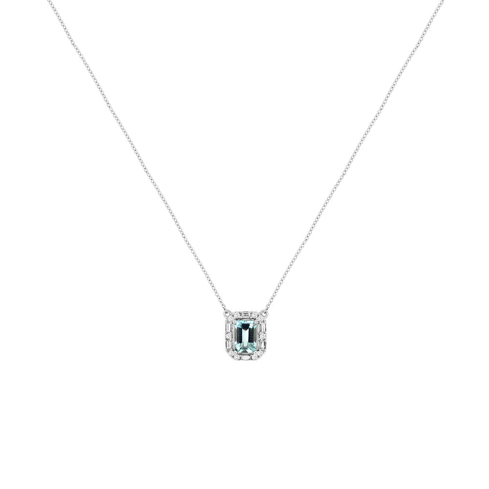14 Karat White Gold Halo Necklace With A Aquamarine & Diamonds
