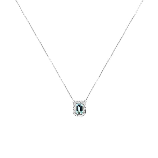 14 Karat White Gold Halo Necklace With A Aquamarine & Diamonds