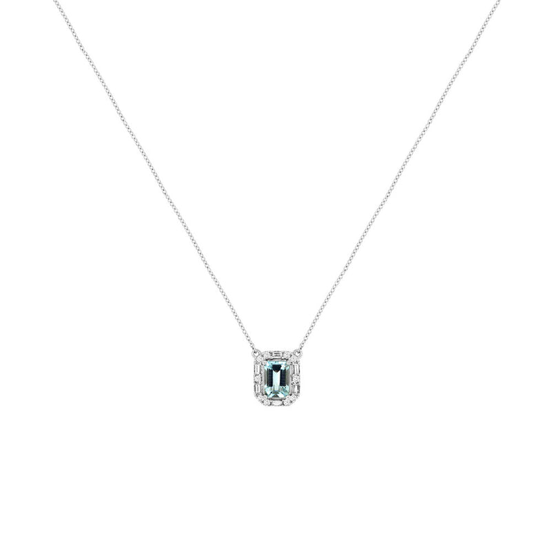 14 Karat White Gold Halo Necklace With A Aquamarine & Diamonds
