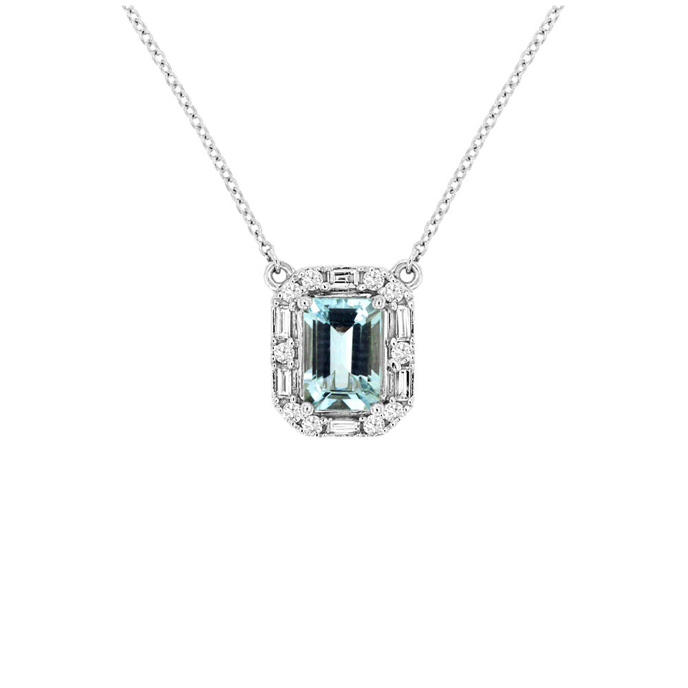14 Karat White Gold Halo Necklace With A Aquamarine & Diamonds