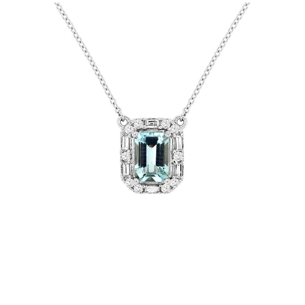 14 Karat White Gold Halo Necklace With A Aquamarine & Diamonds