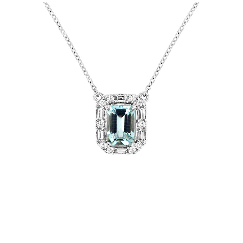 14 Karat White Gold Halo Necklace With A Aquamarine & Diamonds
