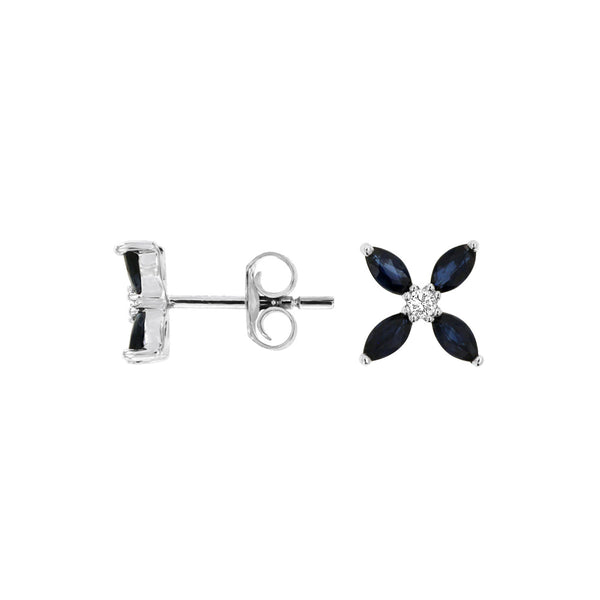 14 Karat White Gold Flower Earrings With Blue Sapphires & Diamonds