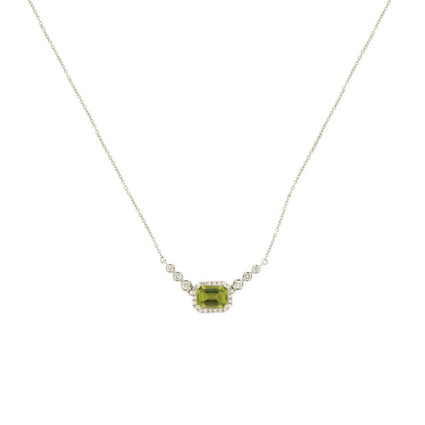 14 Karat White Gold Halo Necklace With A Peridot & Diamonds