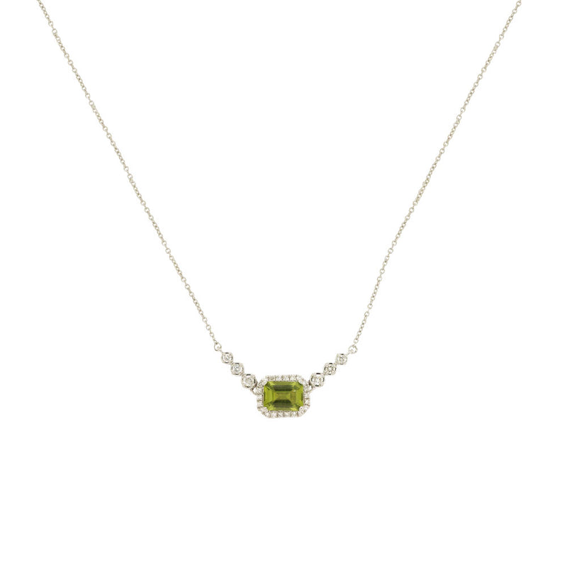 14 Karat White Gold Halo Necklace With A Peridot & Diamonds