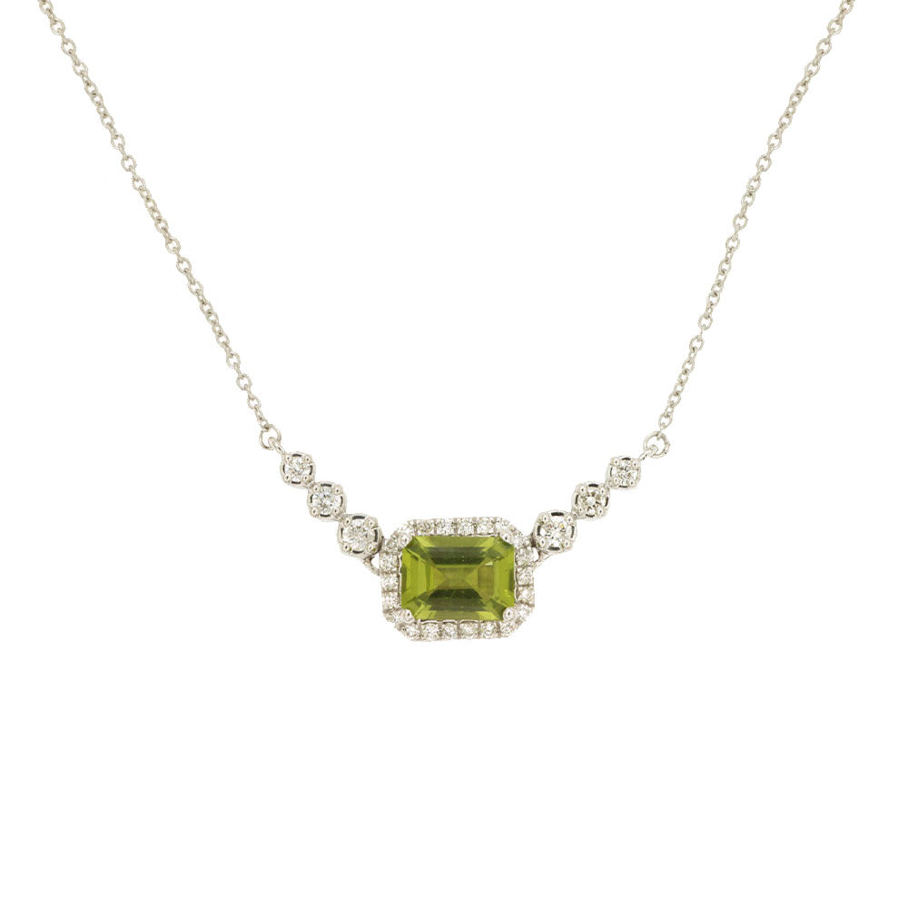14 Karat White Gold Halo Necklace With A Peridot & Diamonds