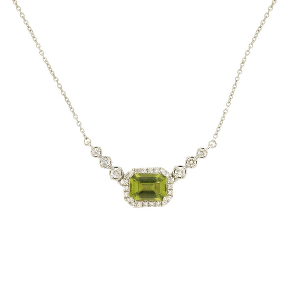 14 Karat White Gold Halo Necklace With A Peridot & Diamonds