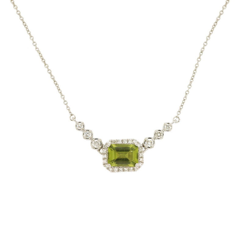 14 Karat White Gold Halo Necklace With A Peridot & Diamonds