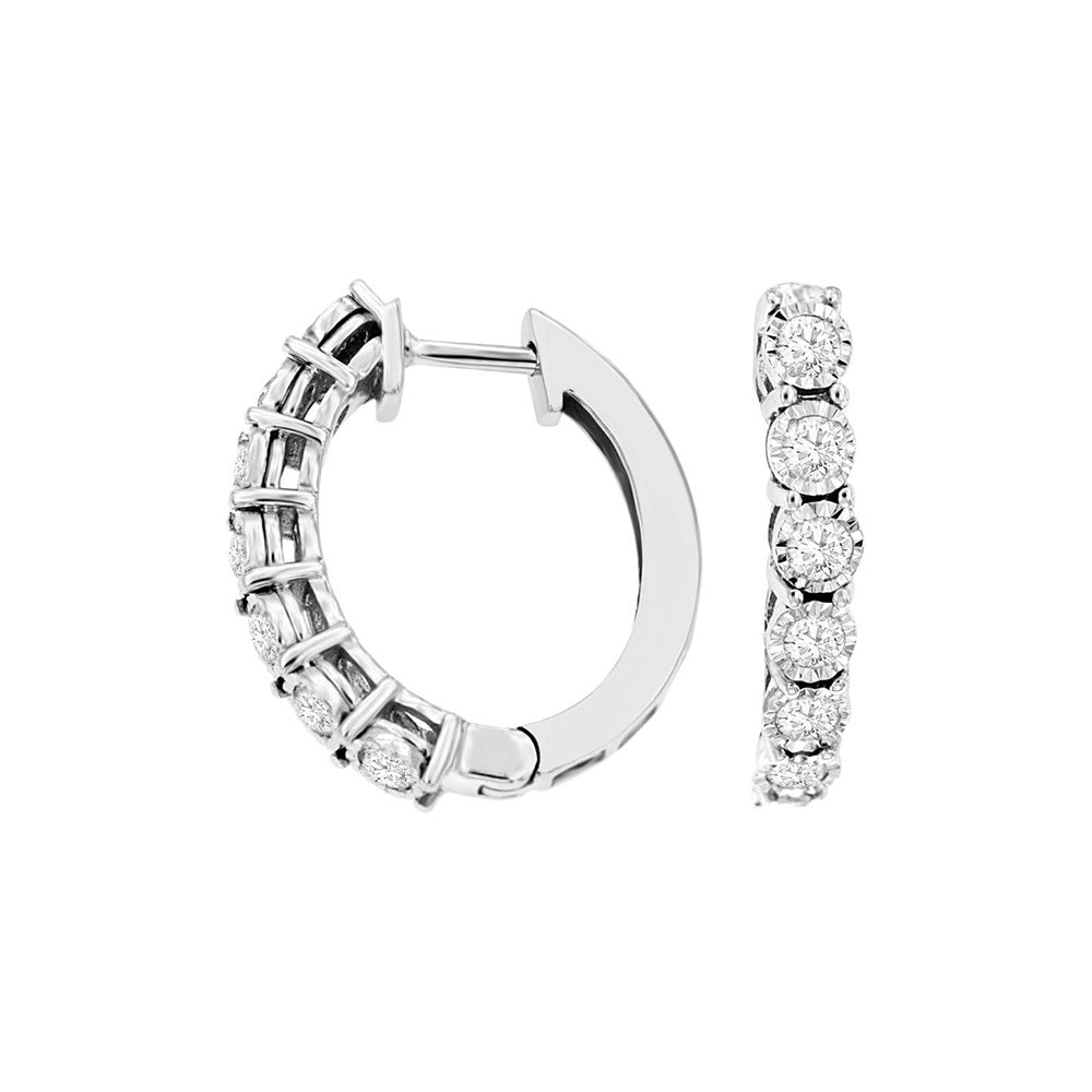 14 Karat White Gold Huggie Earrings With Diamonds