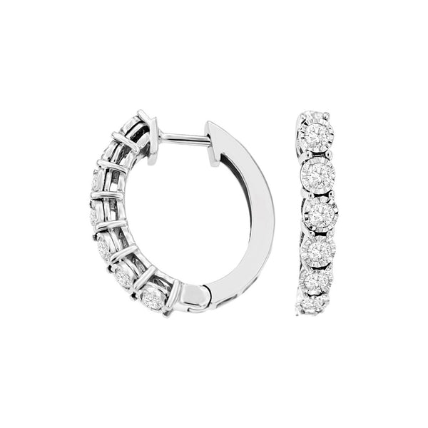 14 Karat White Gold Huggie Earrings With Diamonds