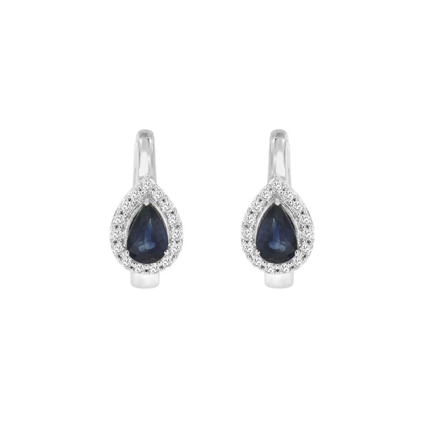 14 Karat White Gold Huggie Earrings With Blue Sapphires & Diamonds