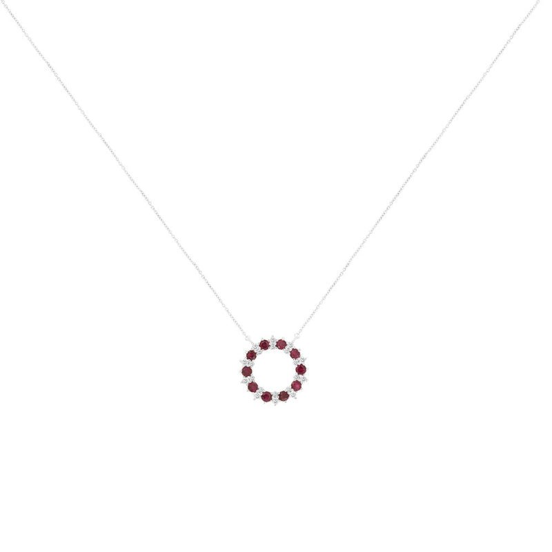 14 Karat White Gold Halo Necklace With Rubies & Diamonds