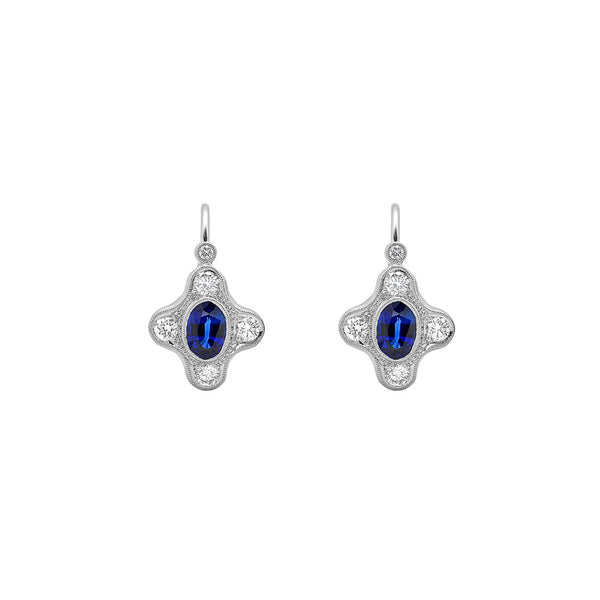 18 Karat White Gold Lever Back Earrings with Blue Sapphire and Diamonds