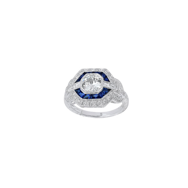 18 Karat White Gold Semi Mount Band Ring with Blue Sapphire and Diamonds