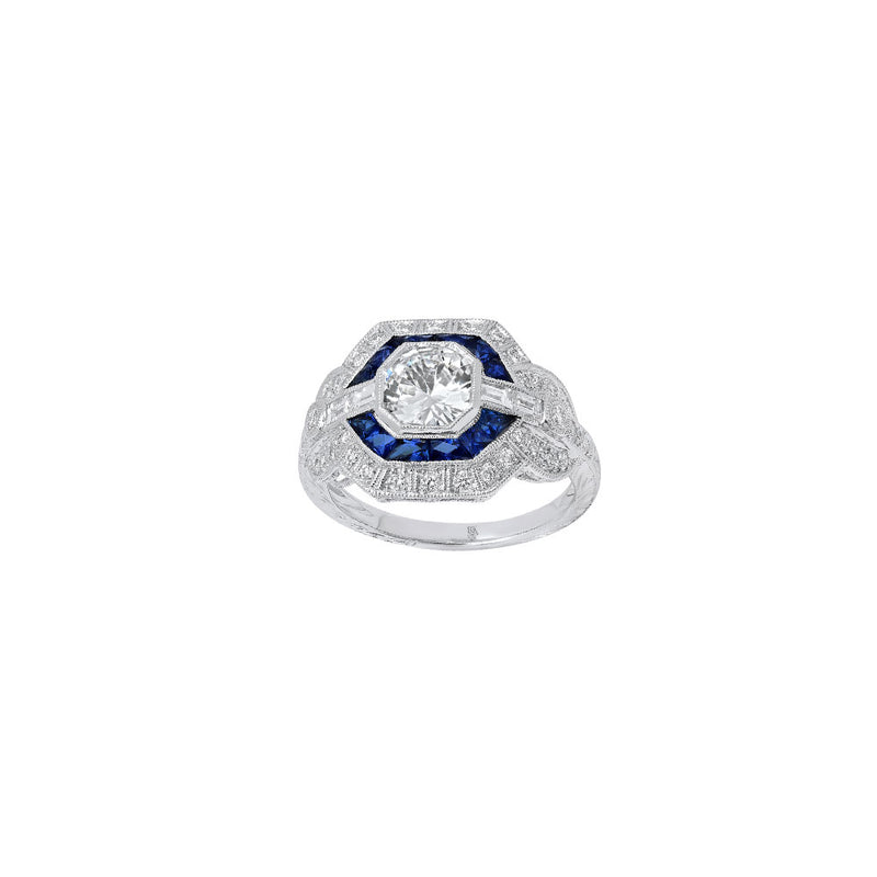 18 Karat White Gold Semi Mount Band Ring with Blue Sapphire and Diamonds