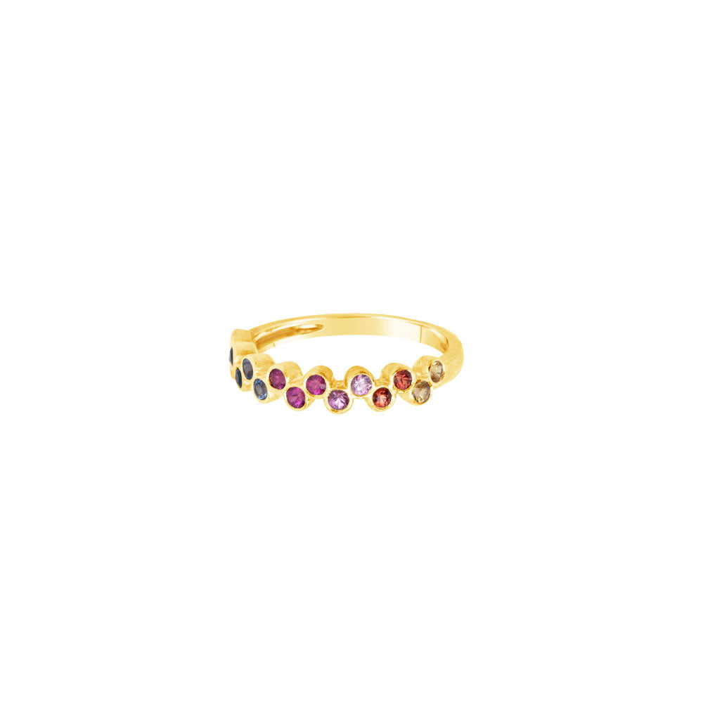 4 Karat Yellow Gold Bezel Set Band with Multi colored Sapphires and Tsavorite Garnet