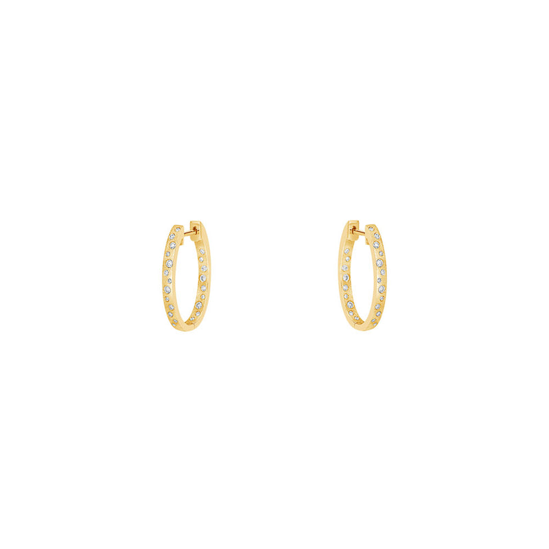 14 Karat Yellow Gold Oval In and Out Hoop Earrings With Flush Set Diamonds
