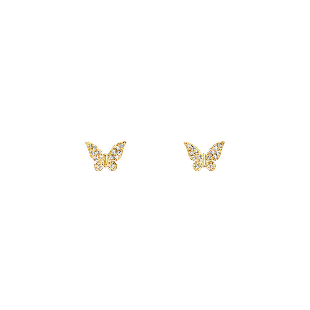 14 Karat Yellow Gold Butterfly Stud Earrings with Round Diamonds