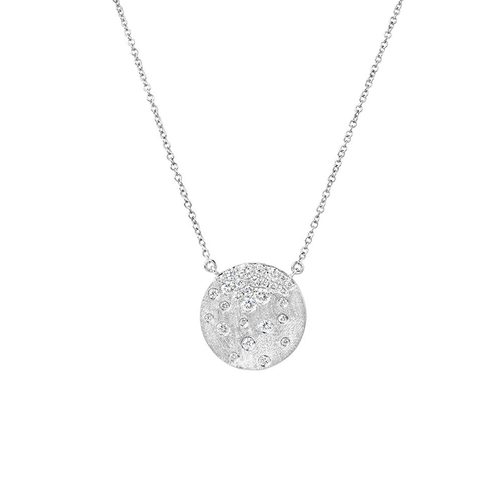 14 Karat White Gold Confetti Disc necklace Flush set diamonds