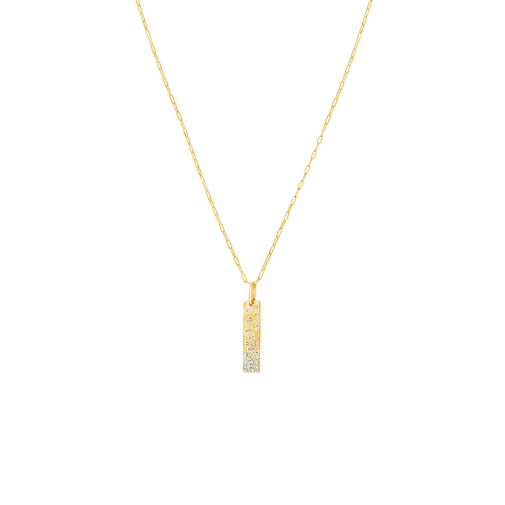 14 Karat Yellow Gold Matte Vertical Bar Pendant with White Diamonds