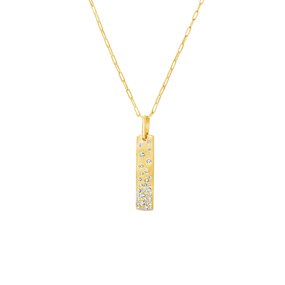 14 Karat Yellow Gold Matte Vertical Bar Pendant with White Diamonds