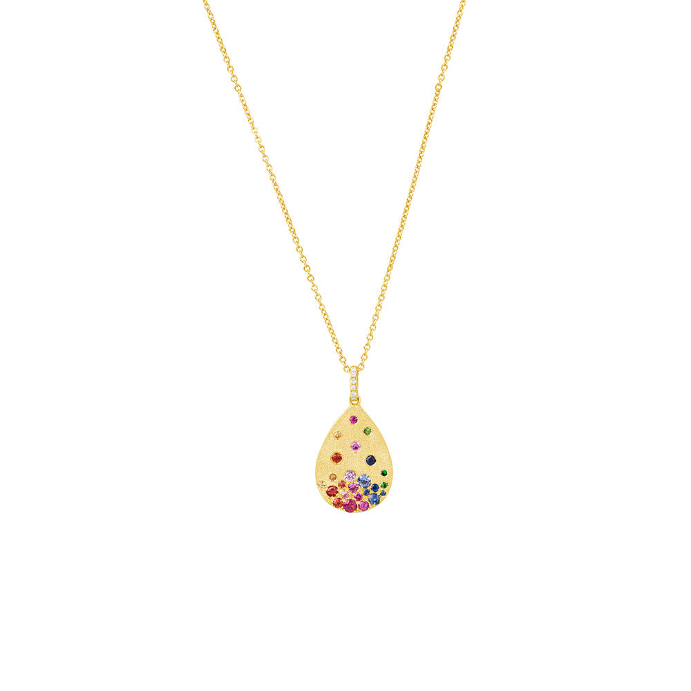 14 Karat Yellow Gold Pear Shape pendant with Multi colored sapphires